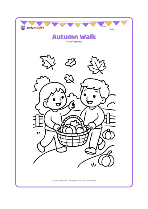 Colouring page: Two children walk along a path holding a large basket between them, with falling leaves, pumpkins and a fence in the background. Show one child pointing happily toward the harvest.