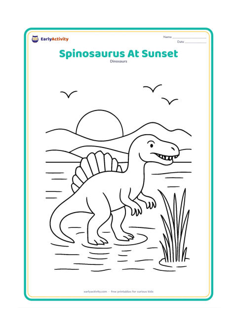Colouring page: A Spinosaurus stands in shallow water beneath a low setting sun, with its sail forming a clear silhouette-like shape. Include layered hills, long reflections, reeds and a few flying birds.