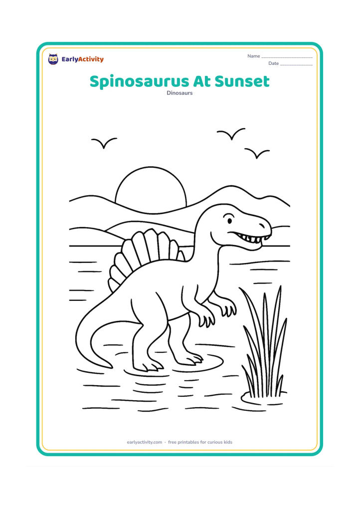 Colouring page: A Spinosaurus stands in shallow water beneath a low setting sun, with its sail forming a clear silhouette-like shape. Include layered hills, long reflections, reeds and a few flying birds.