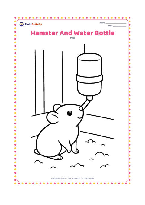 Colouring page: A hamster stands beneath the drinking tube of a hanging water bottle, looking up toward it. Show the bottle, a simple cage wall and a clean floor with sparse bedding.