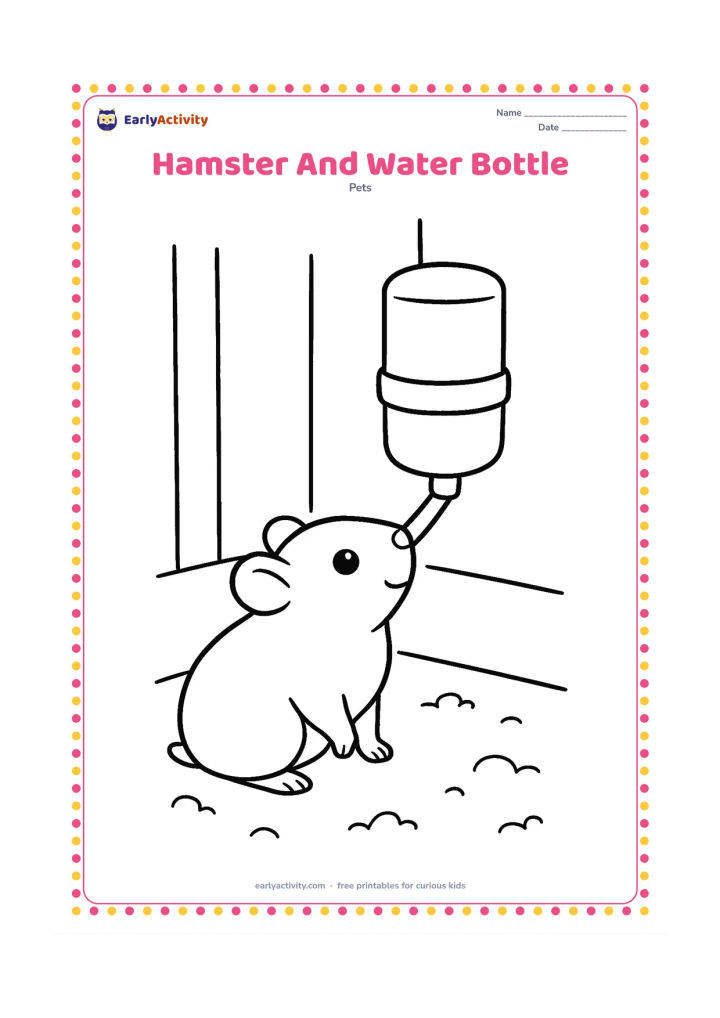 Colouring page: A hamster stands beneath the drinking tube of a hanging water bottle, looking up toward it. Show the bottle, a simple cage wall and a clean floor with sparse bedding.