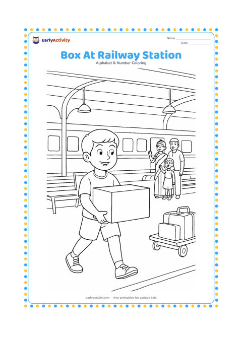 Colouring page: Draw a child carrying a plain box at an Indian railway station platform, with a stationary train, bench, luggage trolley, hanging lamps and a family waving goodbye. Include no signs or…
