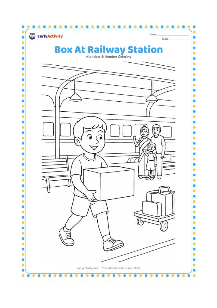 Colouring page: Draw a child carrying a plain box at an Indian railway station platform, with a stationary train, bench, luggage trolley, hanging lamps and a family waving goodbye. Include no signs or…