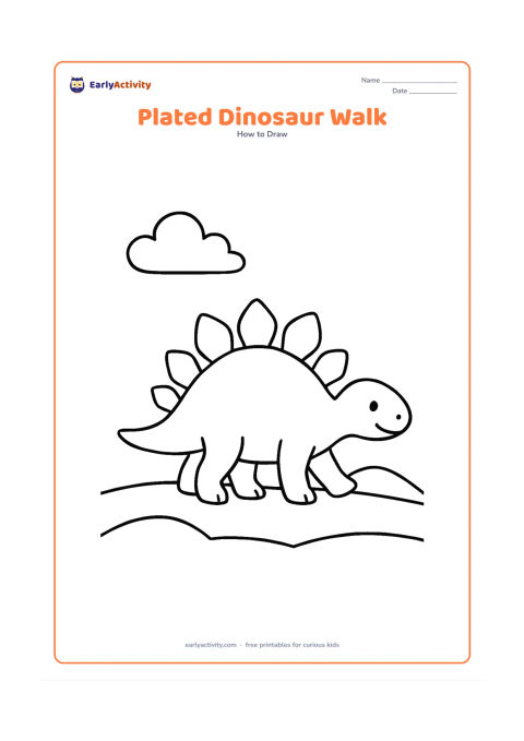 Worksheet: Show a plated dinosaur taking one clear walking step across a simple open plain, with its body oval, curved tail, legs, and a row of large back plates developed in stages. Add one cloud…