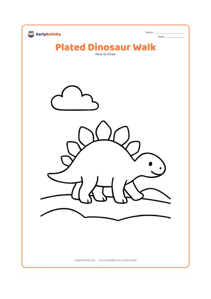 Worksheet: Show a plated dinosaur taking one clear walking step across a simple open plain, with its body oval, curved tail, legs, and a row of large back plates developed in stages. Add one cloud…