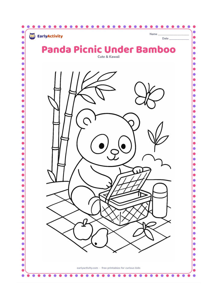 Colouring page: A panda sits on a picnic cloth opening a lunch basket beneath tall bamboo. Add a thermos, two fruit pieces, bamboo leaves and a butterfly nearby.
