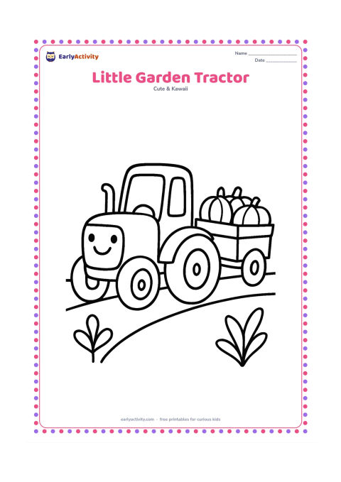 Colouring page: A smiling toy-like tractor moves along a garden path, with two large wheels and a small trailer carrying three round pumpkins. Add simple plants on either side.