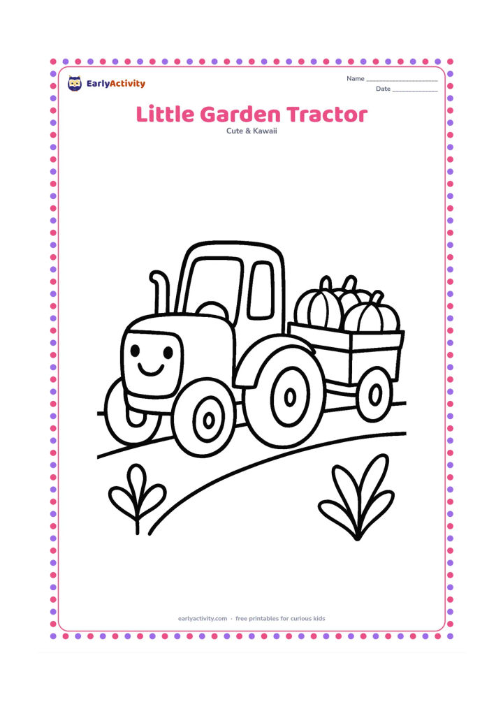 Colouring page: A smiling toy-like tractor moves along a garden path, with two large wheels and a small trailer carrying three round pumpkins. Add simple plants on either side.