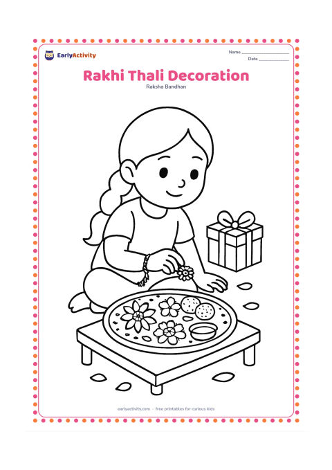 Colouring page: A child arranges a rakhi, flowers, sweets and a small bowl on a decorated thali at a low table. Include a plain gift box and a few loose petals around the plate.