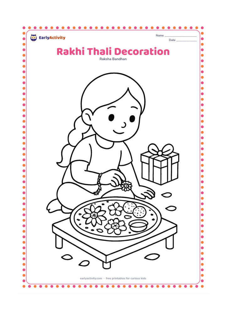 Colouring page: A child arranges a rakhi, flowers, sweets and a small bowl on a decorated thali at a low table. Include a plain gift box and a few loose petals around the plate.
