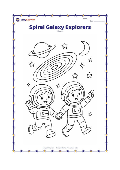Colouring page: Two child astronauts float hand in hand in front of a large spiral galaxy, with a ringed planet, a crescent moon and scattered stars behind them. Show their different poses, one waving…