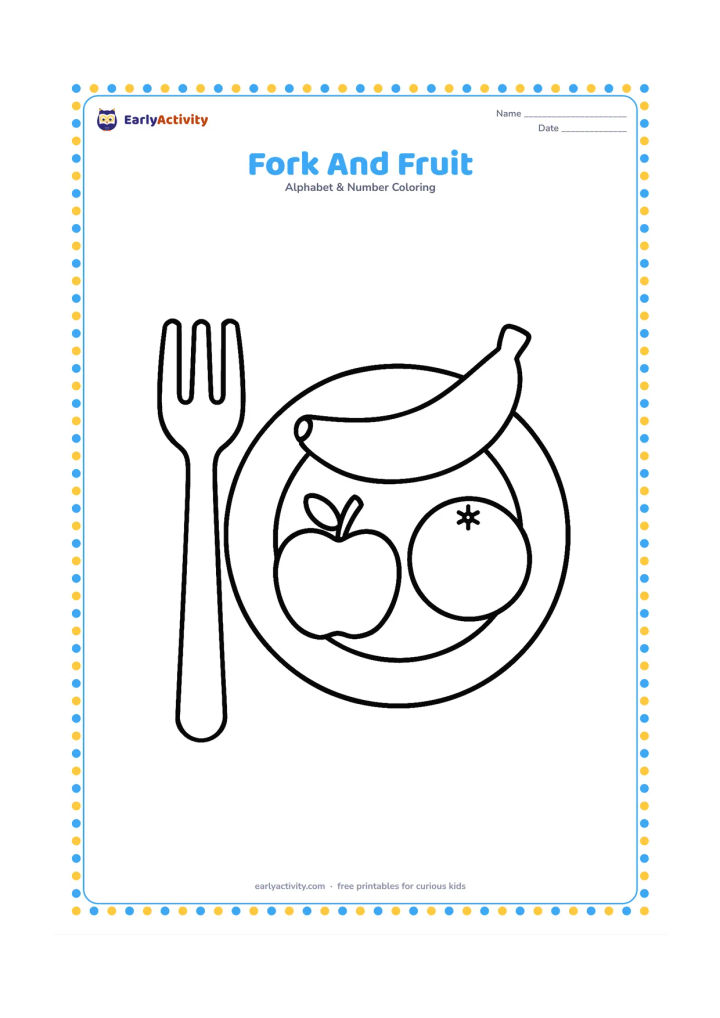 Colouring page: Draw a large fork beside a plate holding a banana, an apple and a round orange. Arrange the objects in a neat, widely spaced tabletop composition.