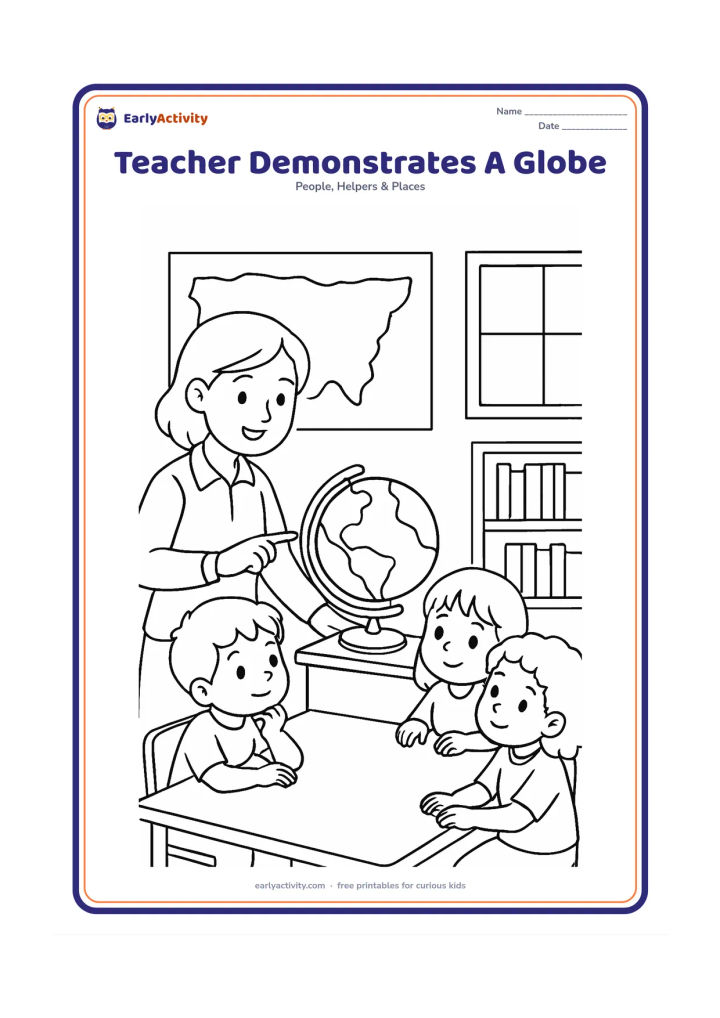 Colouring page: A teacher points to a plain globe on a stand while three children gather around a table and look closely. Add a map-shaped wall display with no markings, a window and a bookshelf.
