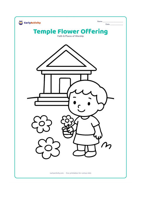 Colouring page: A child holding a small flower basket near the front steps of a simple temple with a triangular gateway. Show several large flowers on the ground and a broad open courtyard.