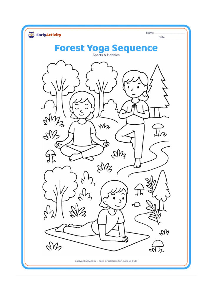 Colouring page: A child moves through three separate moments across a forest clearing: seated breathing, a one-leg tree balance and a resting pose on a mat. Surround the scenes with varied trees, ferns,…