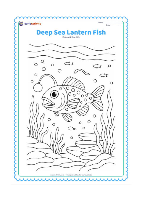 Colouring page: Draw a friendly lantern fish swimming through the deep sea, with glowing-looking but unfilled spots, drifting sea plants, bubbles, small distant fish and layered rock shapes below. Show…
