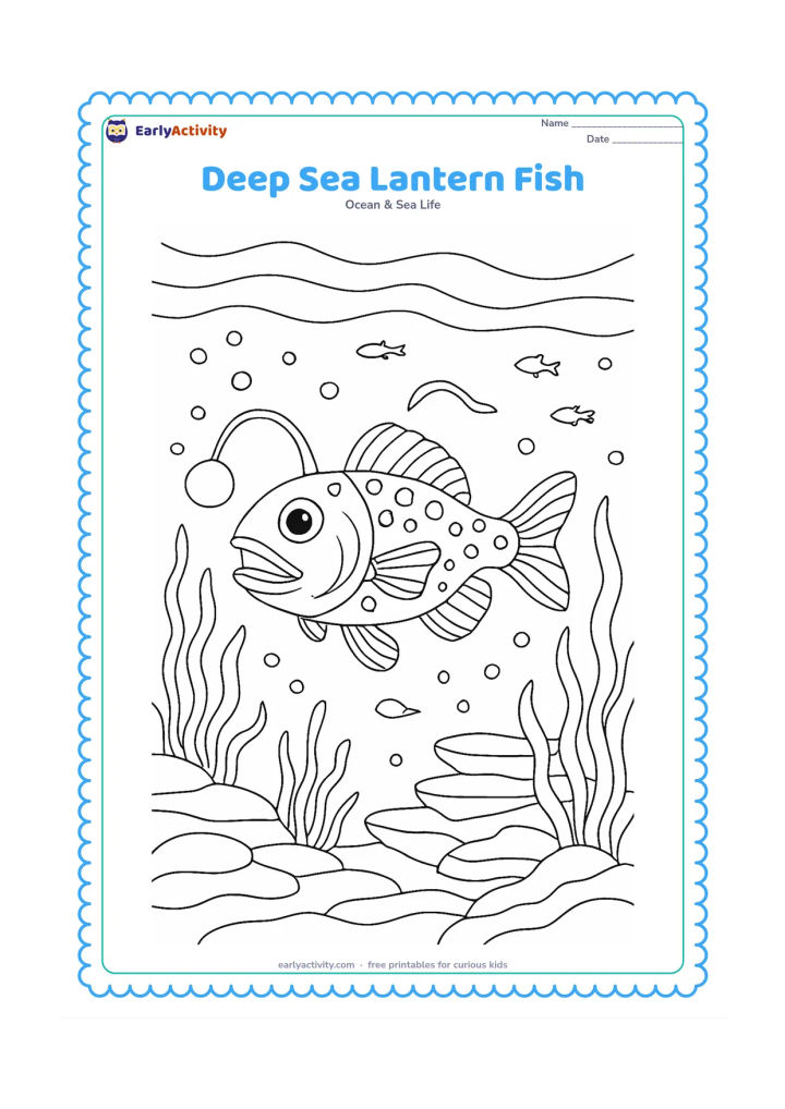 Colouring page: Draw a friendly lantern fish swimming through the deep sea, with glowing-looking but unfilled spots, drifting sea plants, bubbles, small distant fish and layered rock shapes below. Show…