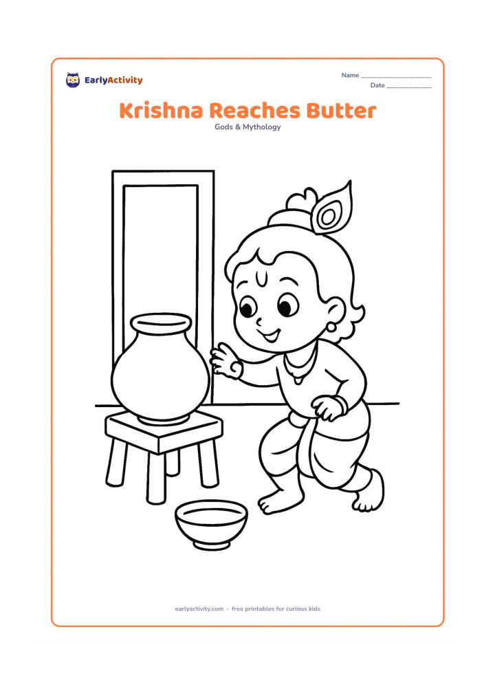 Colouring page: Baby Krishna reaches toward a low matki placed on a short stool, with a small butter bowl on the floor. Show the action clearly in a simple indoor Indian home setting.