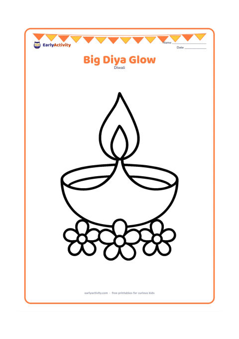 Colouring page: Draw one large clay diya with a tall flame, a rounded bowl, and a simple border of three flower petals around it. Leave generous open space around the lamp for young children to colour.
