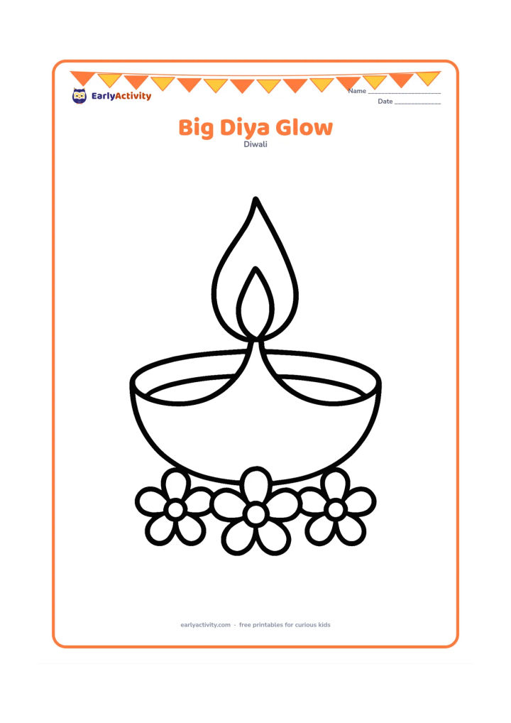 Colouring page: Draw one large clay diya with a tall flame, a rounded bowl, and a simple border of three flower petals around it. Leave generous open space around the lamp for young children to colour.