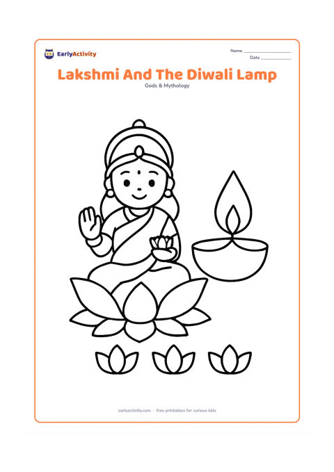 Colouring page: Draw Goddess Lakshmi seated on a large lotus beside one oversized diya with a clear flame. Add a simple row of three lotus petals along the bottom edge.