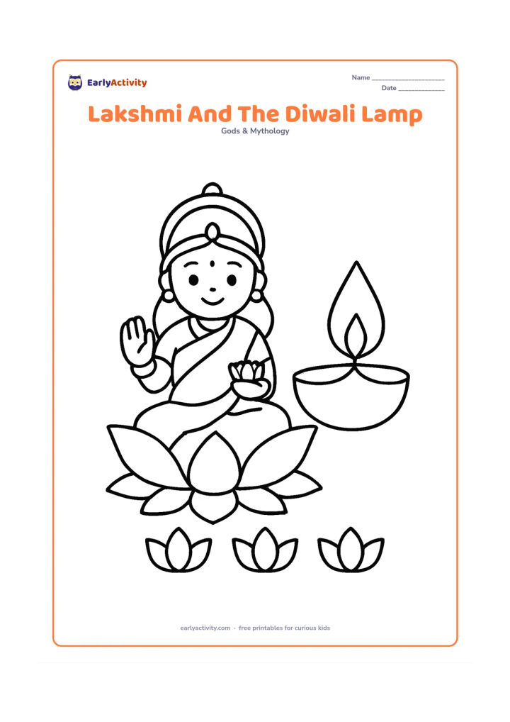 Colouring page: Draw Goddess Lakshmi seated on a large lotus beside one oversized diya with a clear flame. Add a simple row of three lotus petals along the bottom edge.