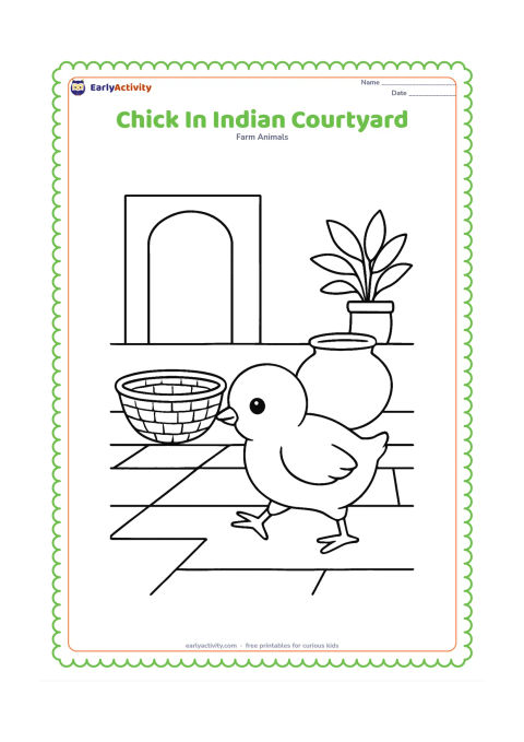 Colouring page: Draw a chick walking across an Indian home courtyard beside a low woven basket and a round water pot. Add a simple doorway, potted plant, and a small geometric floor pattern with no…