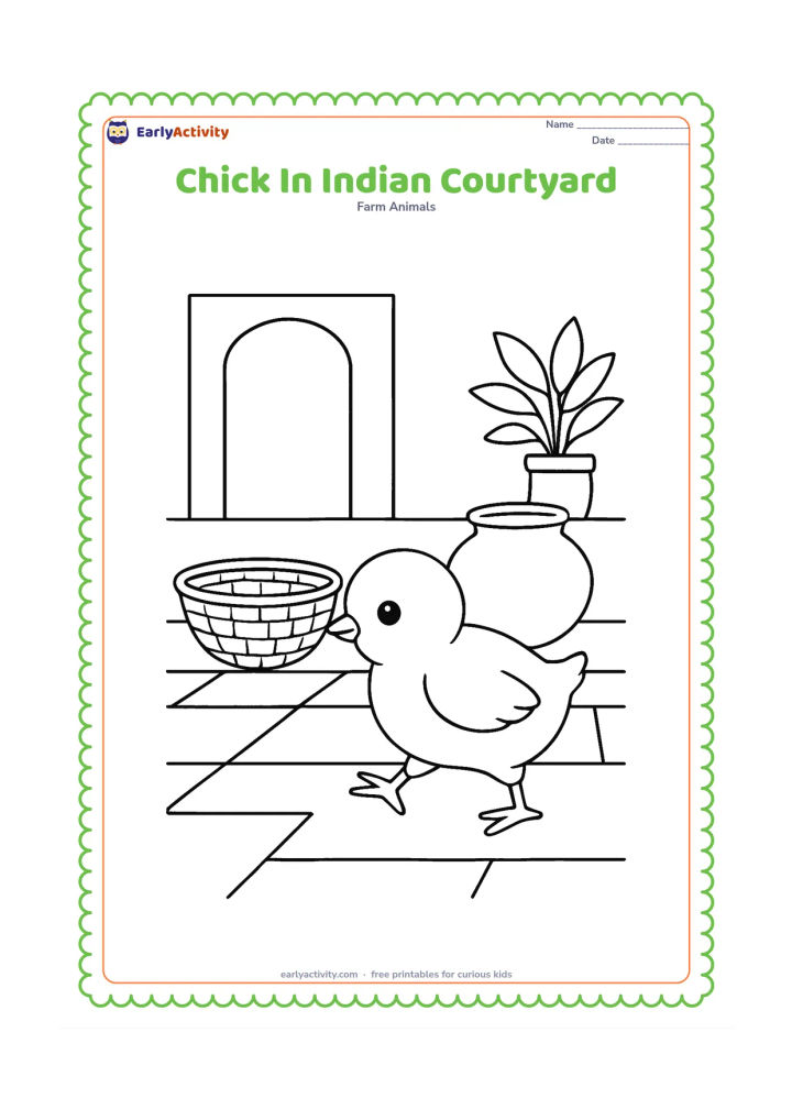 Colouring page: Draw a chick walking across an Indian home courtyard beside a low woven basket and a round water pot. Add a simple doorway, potted plant, and a small geometric floor pattern with no…