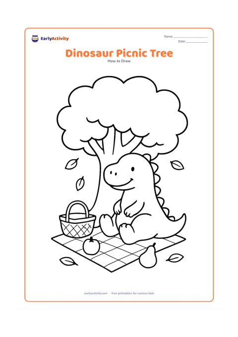Worksheet: Show a smiling dinosaur sitting beneath a broad tree beside a picnic basket and a mat, with its body, head, folded legs, and tail built in stages. Add a few fruit shapes and scattered…