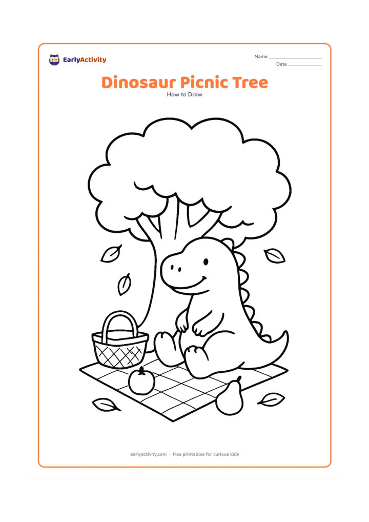 Worksheet: Show a smiling dinosaur sitting beneath a broad tree beside a picnic basket and a mat, with its body, head, folded legs, and tail built in stages. Add a few fruit shapes and scattered…