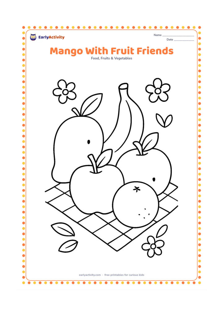 Colouring page: Show a mango, banana, apple and orange gathered together on a picnic cloth, with leaves and a few simple flowers around them.
