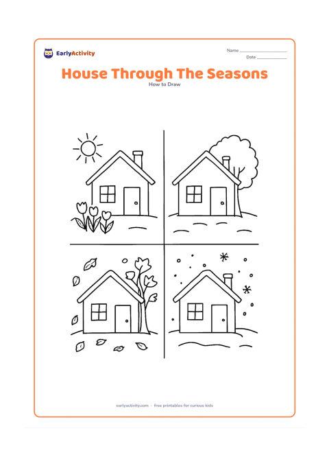 Worksheet: Show one house divided into four clean seasonal scene areas without written labels: flowering plants and sunshine, leafy summer trees, falling autumn leaves and winter snow. Keep the…