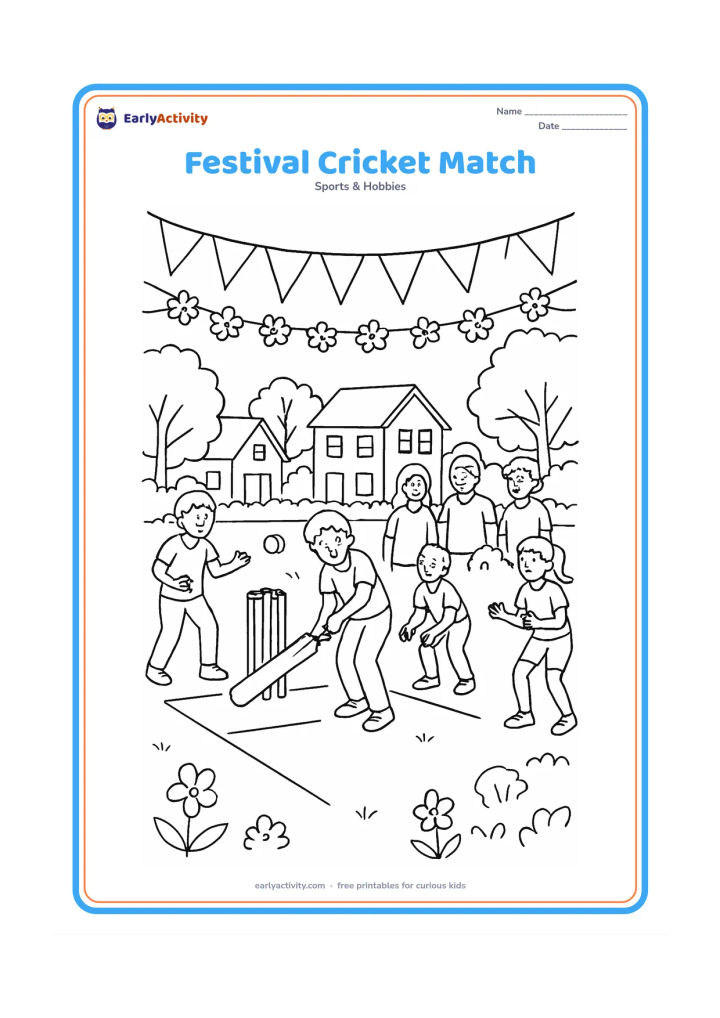 Colouring page: A cheerful community cricket match takes place on a decorated neighbourhood ground, with children batting, bowling and fielding. Add simple bunting without symbols or writing, flower…