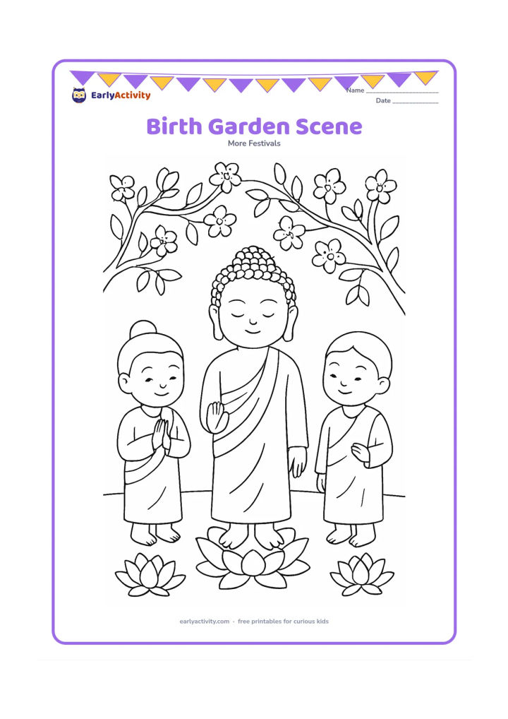Colouring page: A baby Buddha figure stands calmly in a garden beneath flowering branches, with two attendants nearby and lotus flowers on the ground. Keep the scene gentle and celebratory without…