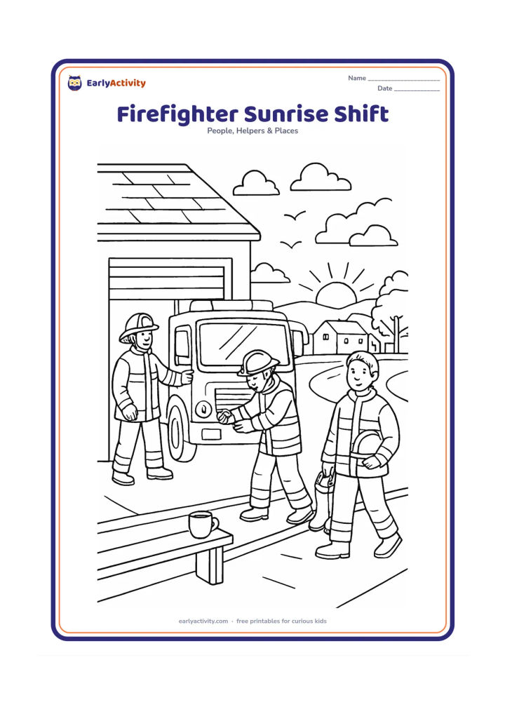 Colouring page: Draw firefighters beginning an early-morning shift outside a station, with one opening the garage, one checking the engine lights and one carrying a helmet and boots. Include a sunrise,…