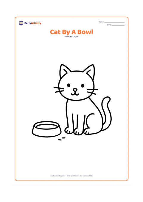 Worksheet: Draw a simple sitting cat beside a shallow food bowl. Include a large head, pointed ears, front paws together, a curved tail, and a few small floor marks around the bowl.