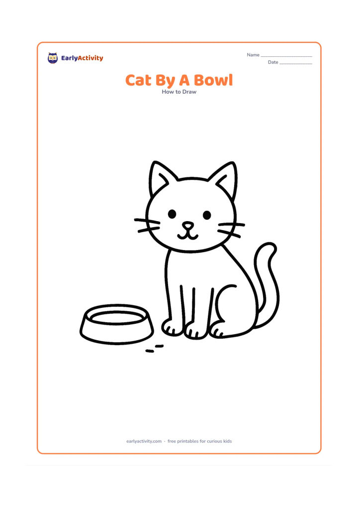 Worksheet: Draw a simple sitting cat beside a shallow food bowl. Include a large head, pointed ears, front paws together, a curved tail, and a few small floor marks around the bowl.