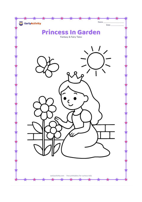 Colouring page: Draw a princess kneeling beside three oversized flowers and gently touching one petal. Include a butterfly, a low garden wall, and a large sun.