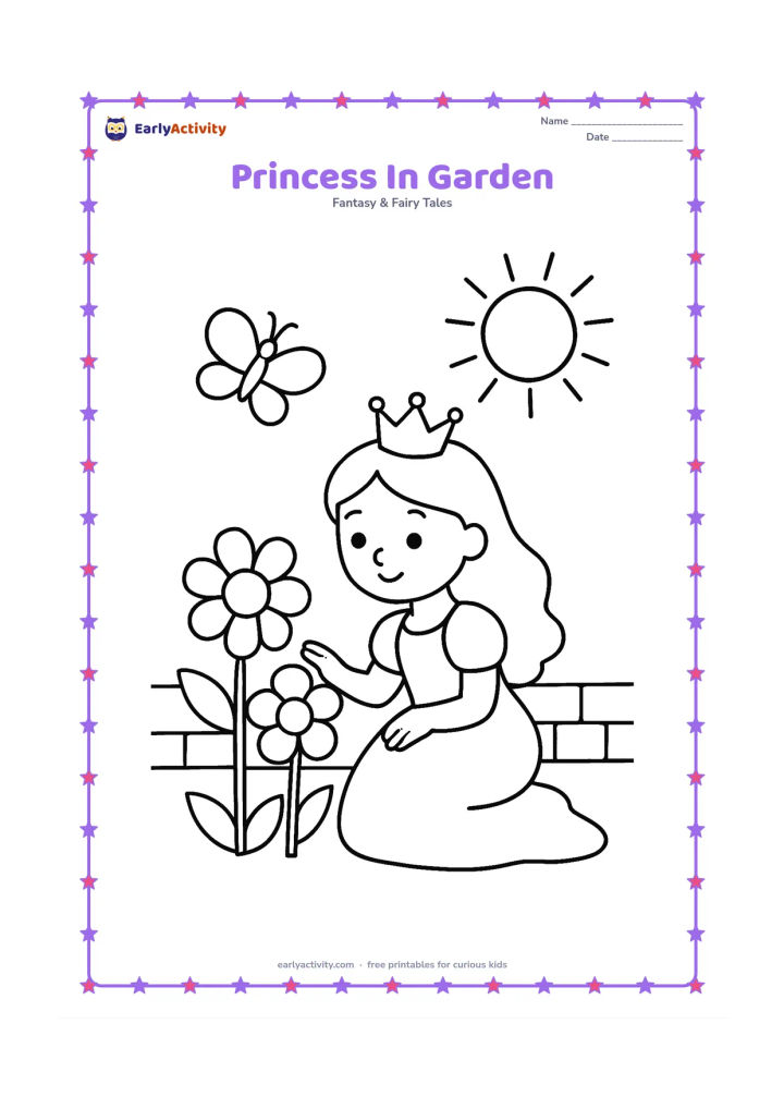 Colouring page: Draw a princess kneeling beside three oversized flowers and gently touching one petal. Include a butterfly, a low garden wall, and a large sun.