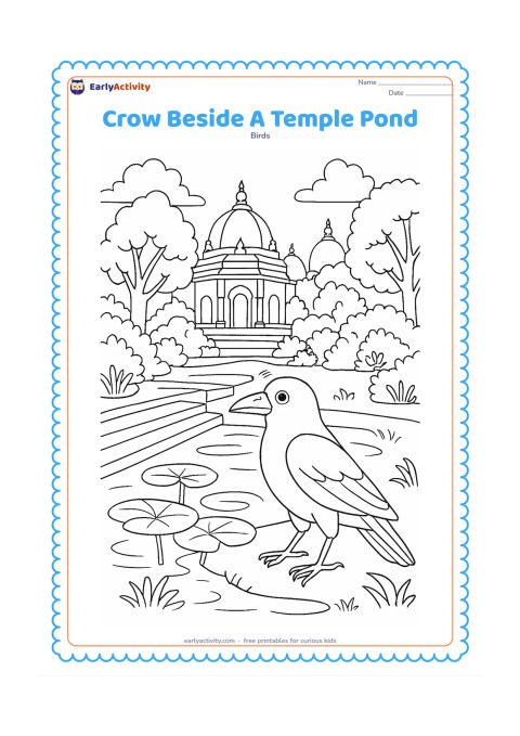 Colouring page: A crow stands near a pond beside a peaceful Indian temple garden, with stone steps, lotus leaves, trees, and distant temple domes.