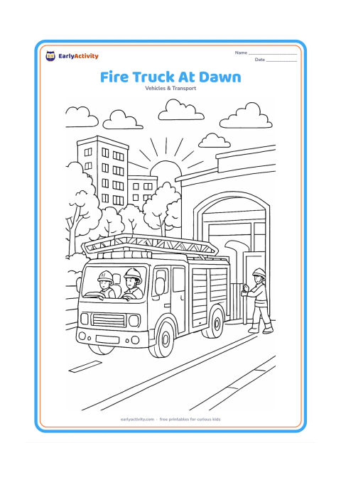 Colouring page: Draw a detailed fire engine leaving its station at dawn, with firefighters preparing inside the cab and a second firefighter opening the station gate. Add a quiet street, trees,…