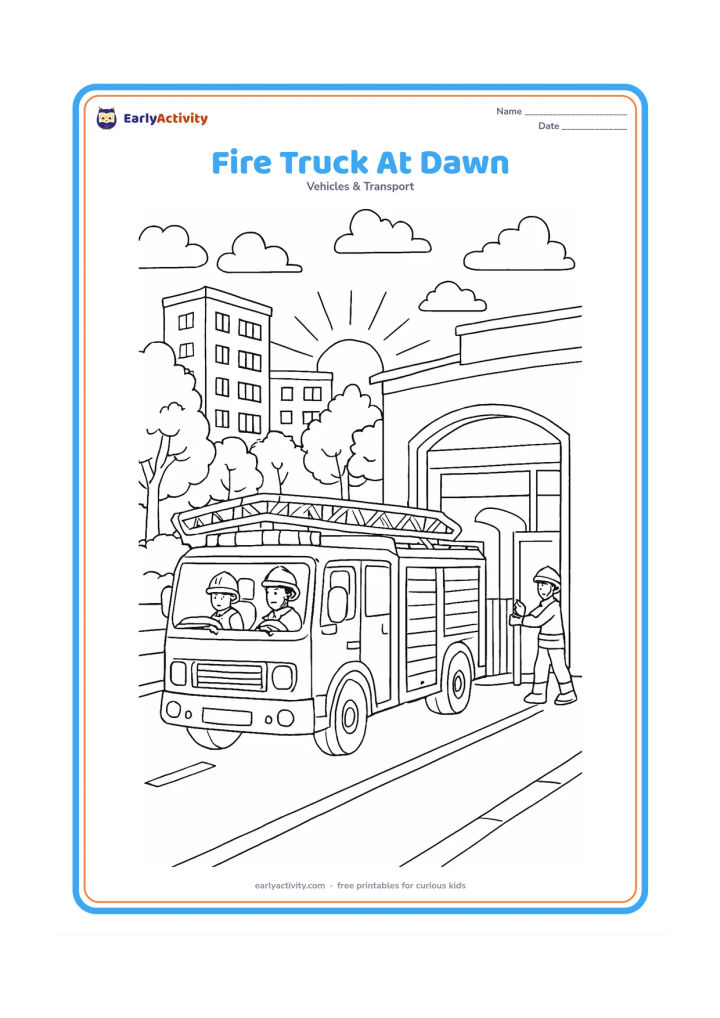 Colouring page: Draw a detailed fire engine leaving its station at dawn, with firefighters preparing inside the cab and a second firefighter opening the station gate. Add a quiet street, trees,…