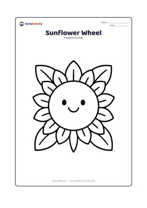 Colouring page: A bold circular mandala with a large sunflower face in the middle and one ring of oversized pointed petals. Place four broad leaves at the top, bottom, left and right of the circle.