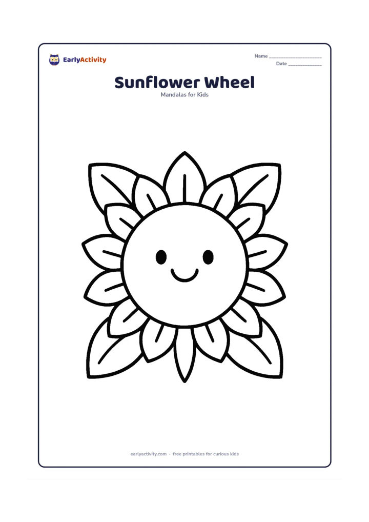Colouring page: A bold circular mandala with a large sunflower face in the middle and one ring of oversized pointed petals. Place four broad leaves at the top, bottom, left and right of the circle.