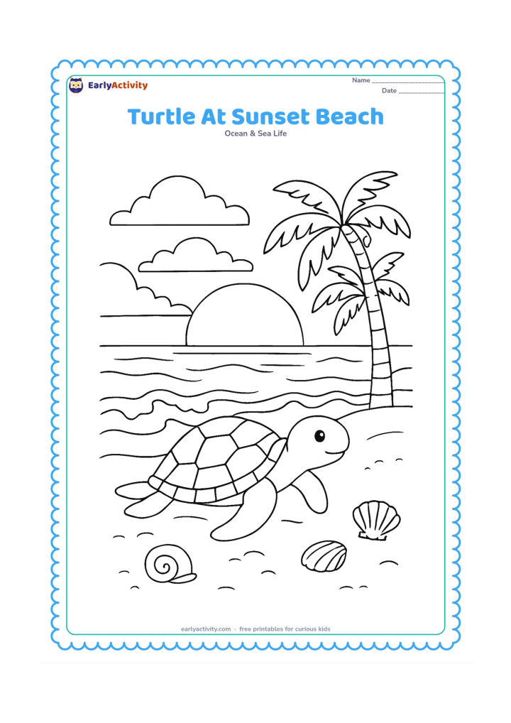 Colouring page: Draw a sea turtle moving toward the ocean at sunset, with a large setting sun, layered clouds, palm silhouettes, wave foam, and seashells on clean sand.