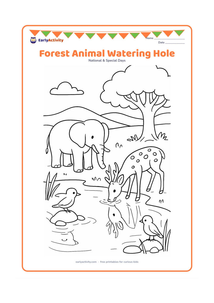 Colouring page: Draw an elephant, a spotted deer and two birds drinking at a clean forest watering hole. Include reeds, rocks, a large tree, distant hills and reflections in the water.