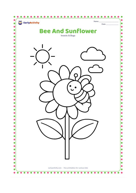 Colouring page: A bee visits the centre of one tall sunflower with a broad stem and two large leaves. Place a simple sun and two soft clouds in the background.