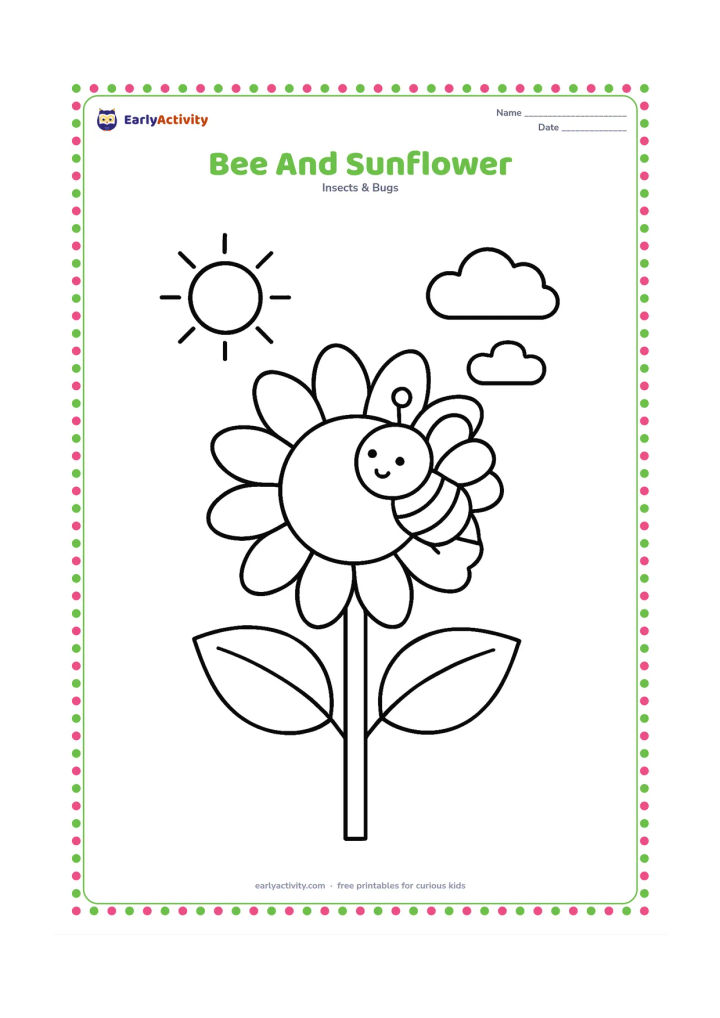 Colouring page: A bee visits the centre of one tall sunflower with a broad stem and two large leaves. Place a simple sun and two soft clouds in the background.