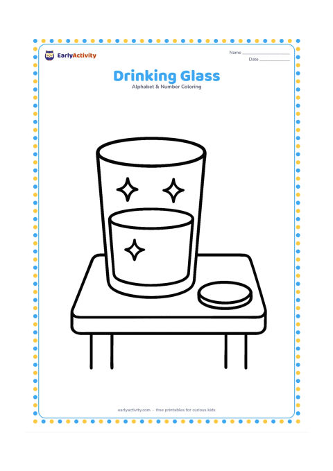 Colouring page: A safe, simple drinking glass filled halfway with water stands on a small table beside one round coaster. Add a few large sparkle shapes on the glass.