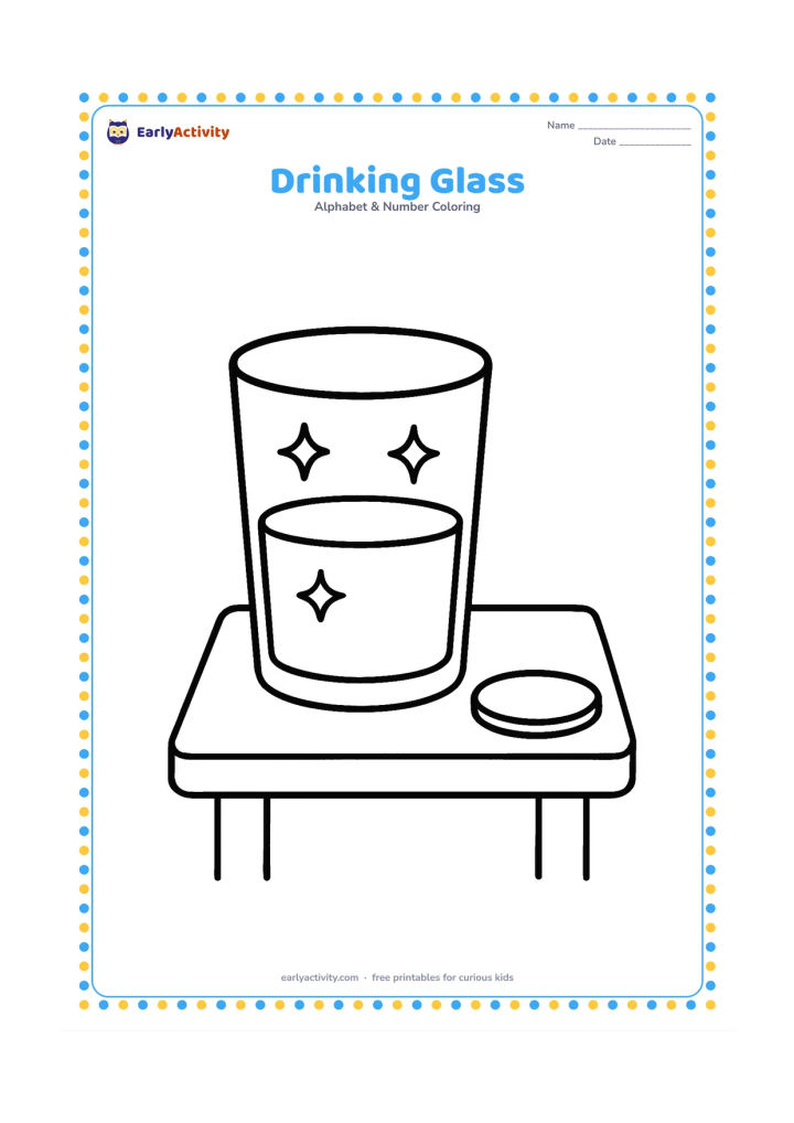 Colouring page: A safe, simple drinking glass filled halfway with water stands on a small table beside one round coaster. Add a few large sparkle shapes on the glass.